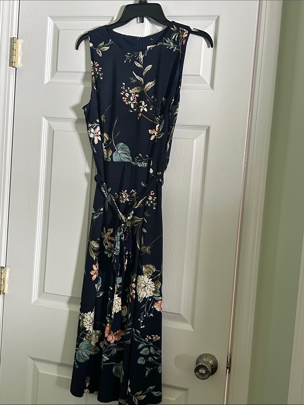 Anne Klein Navy Floral Sleeveless Maxi Dress with Tie Waist